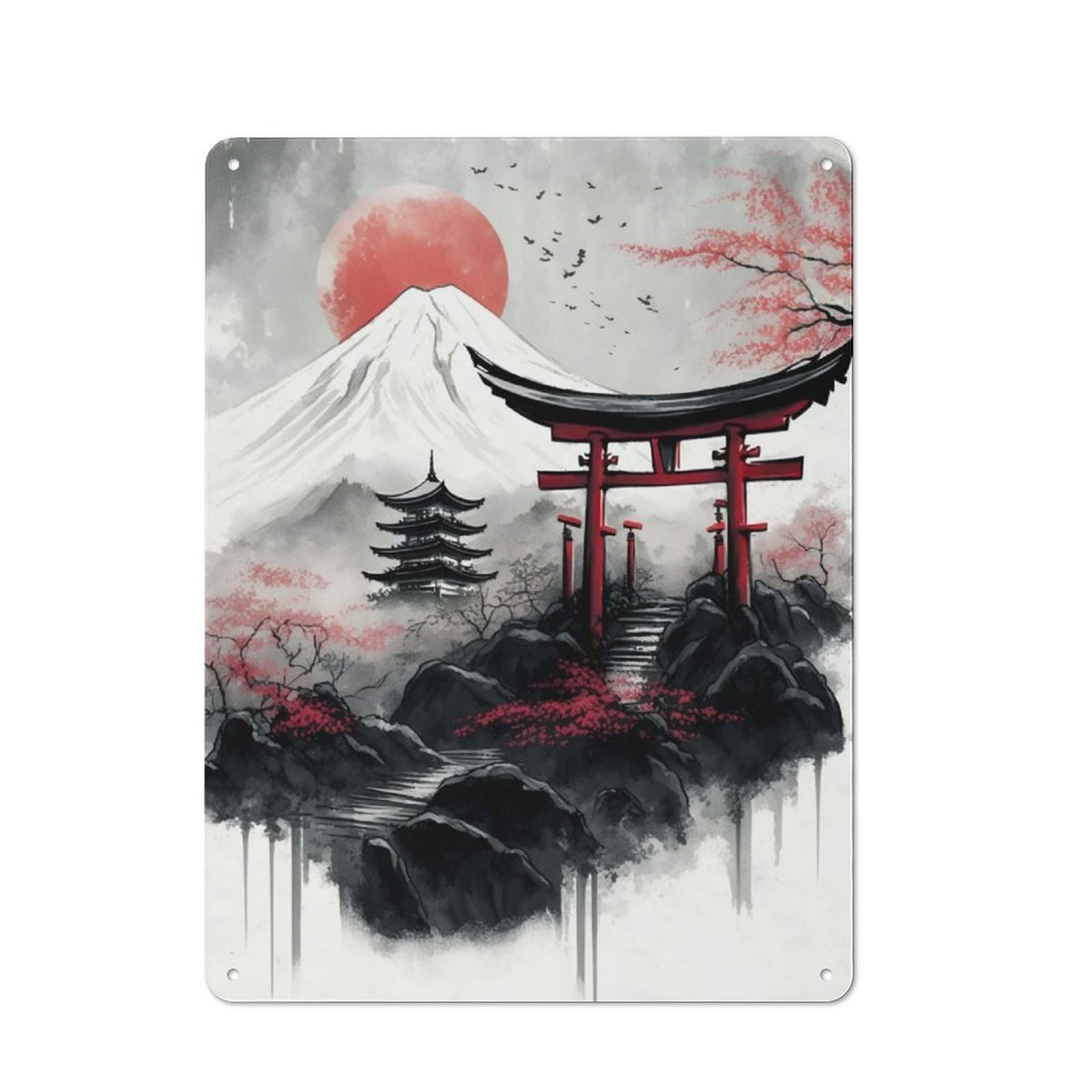 Junmoney Japanese Scenery Ink Wash Metal Sign 40X30cm With For Workshop Wall, Rustic Decor, For Collectors Decorating Workshops And Hobby Rooms