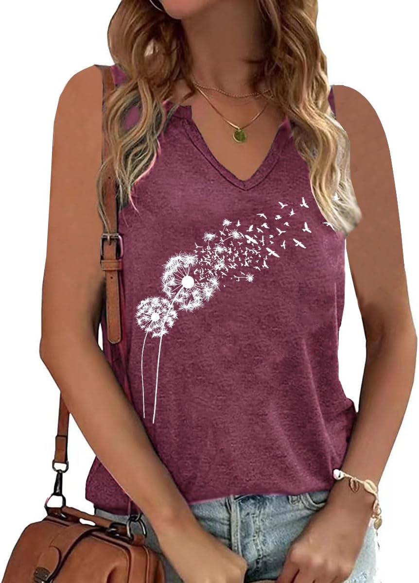 Womens V Neck Tops Flowers Graphic Tank Tops Sleeveless Summer Tops Casual Loose Vacation Tanks Clothes