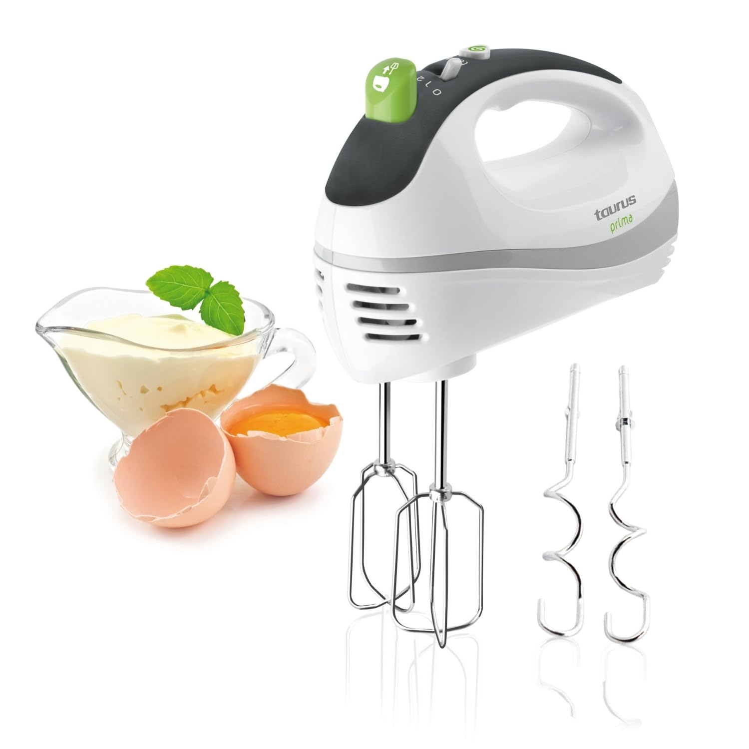 Taurus Prima - Batidora amasadora de repostería. 300W. 5 velocidades + Turbo. 2 tipos varillas: amasadoras y batidoras. Varillas extraíbles. Ergonómica. Compacta. Blanco/verde