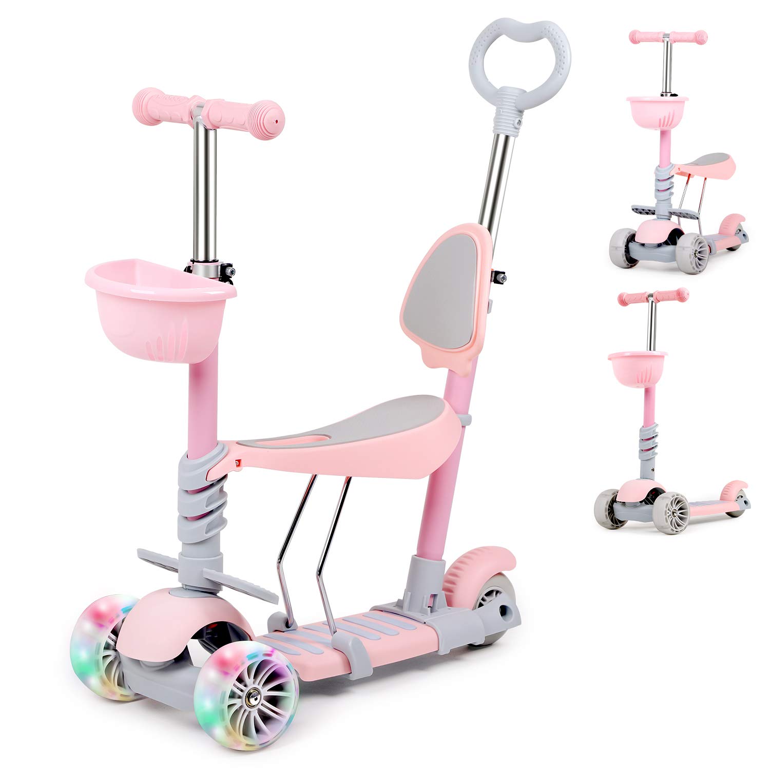 5-in-1 Kids Scooter, 3 Wheel Height-adjustable Kick Scooter, with Removable Seat & Push Handle, LED Light Up Wheels for children boys girls (Light Pink)