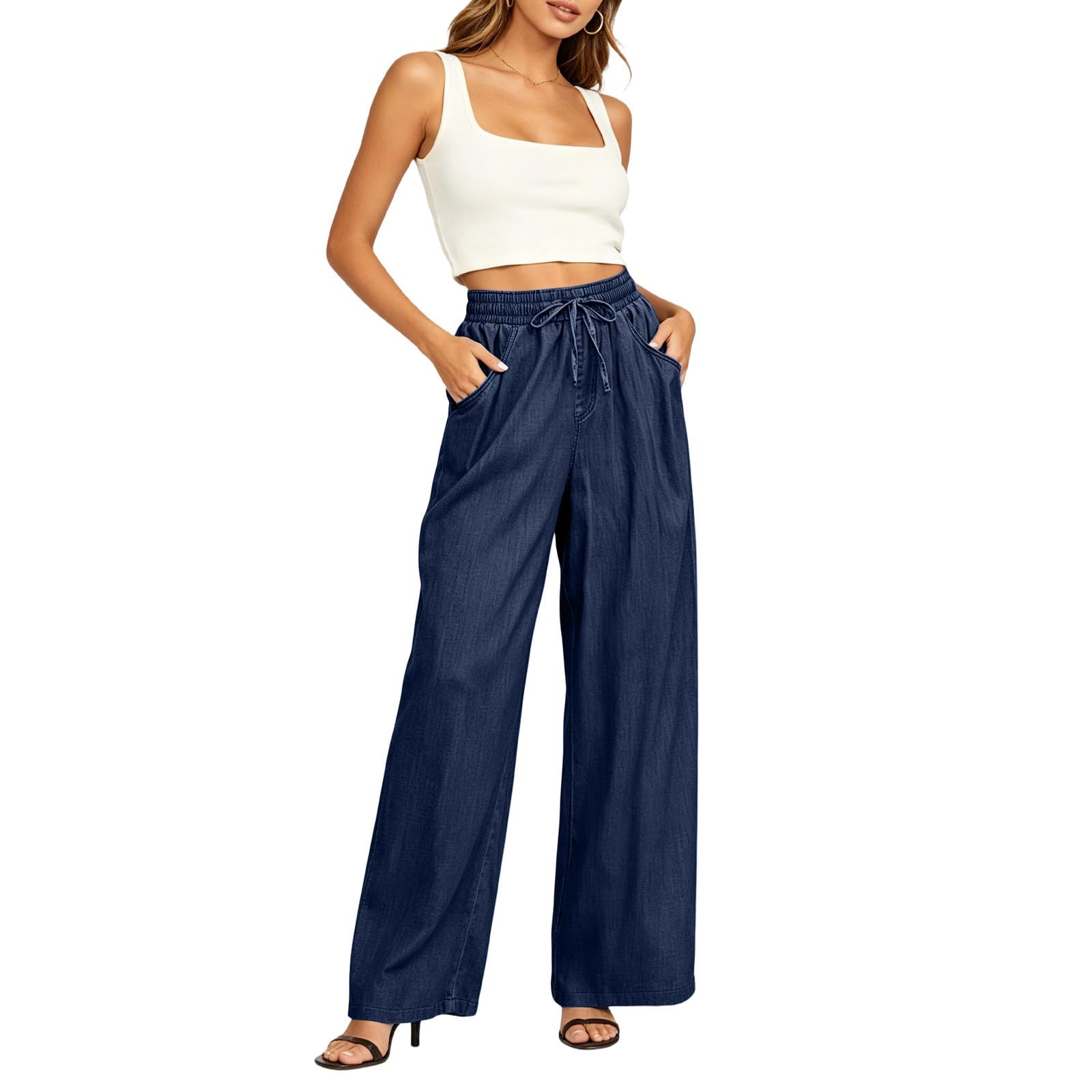 Générique Pantalon Femme Large Taille Haute Fluide Cordon Poches Casual Confortable Pantalon Au Tissu Doux, Vêtement Agréable À Porter, Tenue Idéale pour Les Journées Quotidiennes Et Loisirs