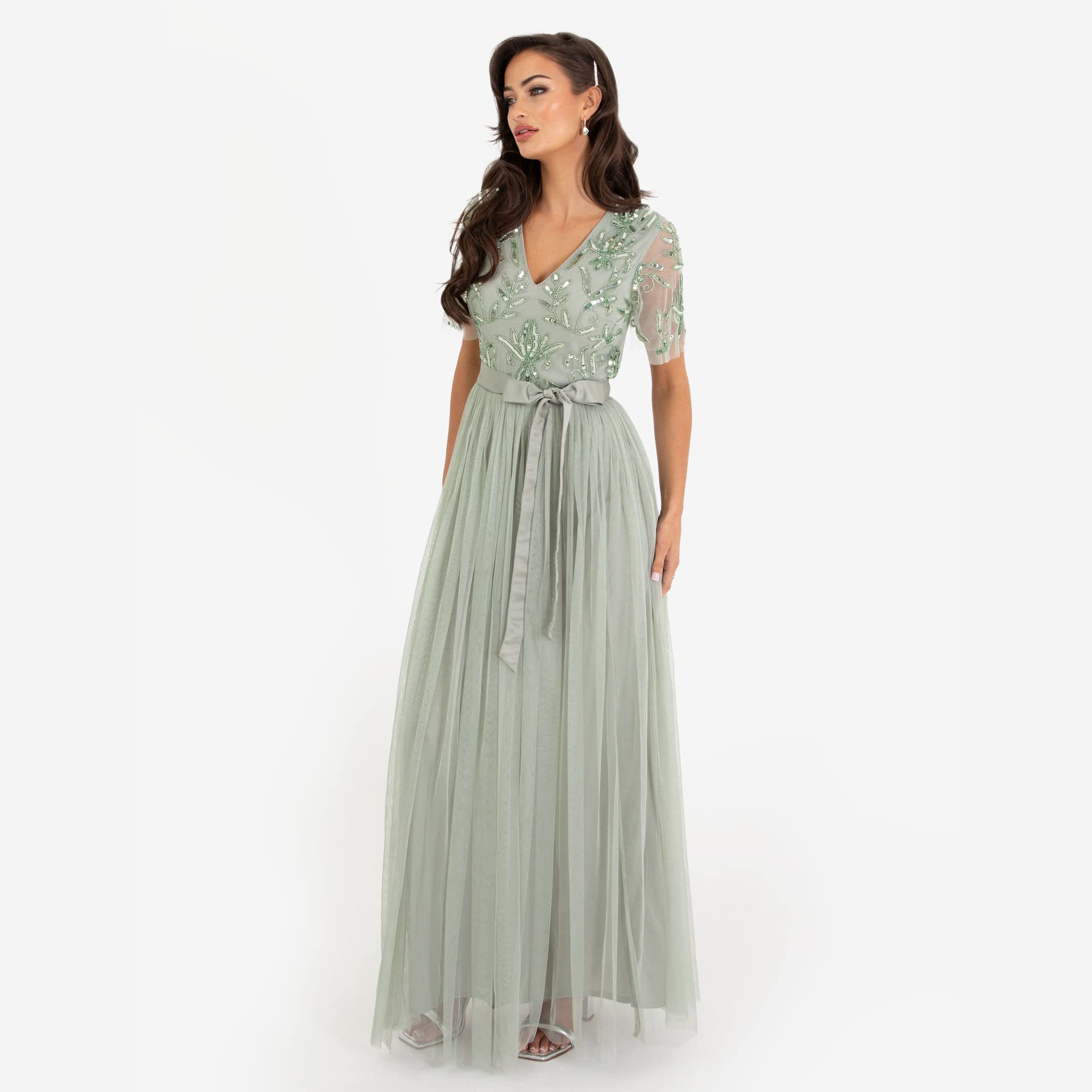 Maya Deluxe Damen Womens Maxi Dress Ladies Ball Gown for Wedding Guest Embellished Tie Waist V Neck Bridesmaid Prom Evening Occasion Kleid