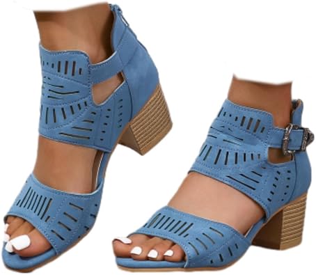 SACFOF Sandals for Women Dressy Summer Peep Toe Slingback Chunky Stacked Heel Ankle Booties Ankle Buckle Strap Sandals