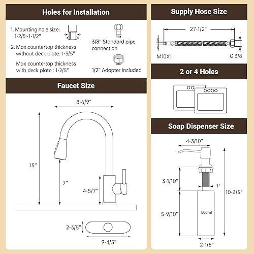 Miniatura 7 de DAYONE Grifo de cocina cromado con dispensador de jabón y extraíble, grifo de acero inoxidable para fregadero de cocina, 3 modos de agua, cromo