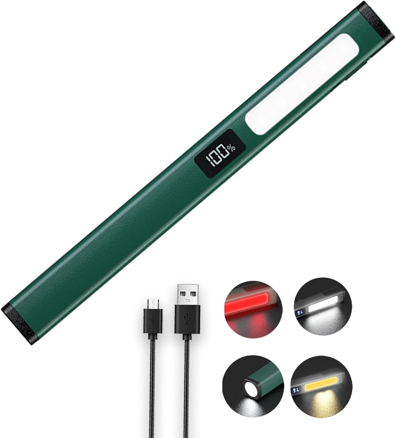 Small Rechargeable Pen Flashlights with COB Work Light, Portable LED Pocket Flashlight Bright Flashlights for Home, Car, Emergencies, with Type-C Charge, 6 Light Modes, LCD Display (Green)