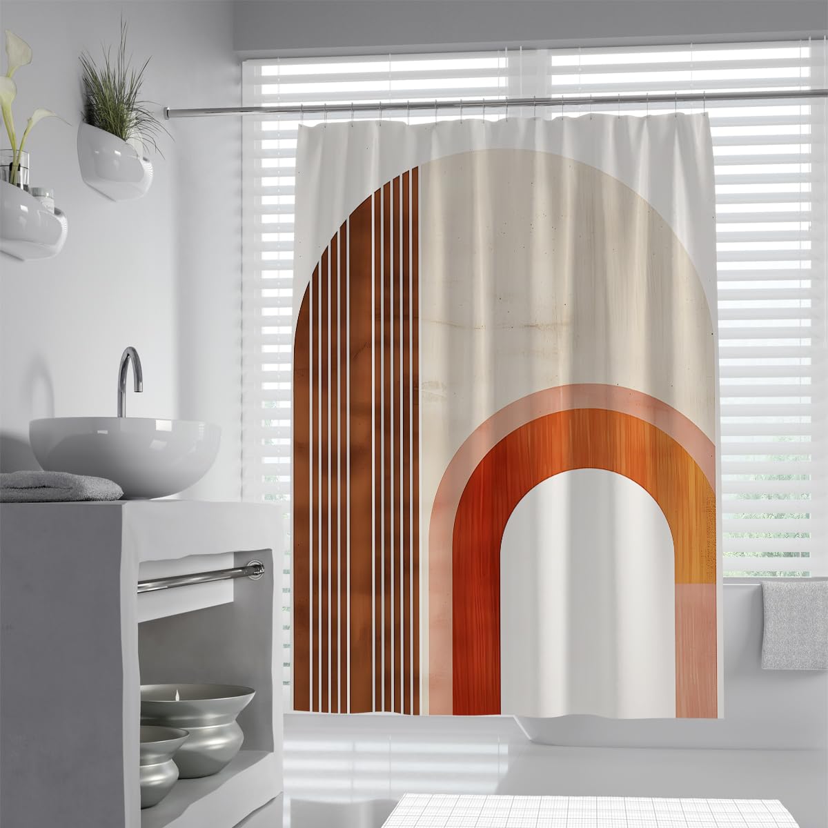 Uiringart Shower Curtains Terracotta Beige Geometric Arches W180xl200cm Abstract Minimalist Anti Mould Waterproof Bathroom Shower Screen With Hook