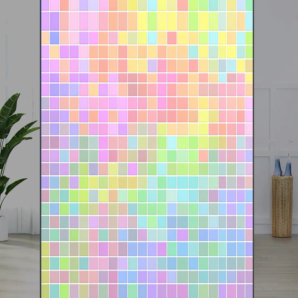 FOCCAFB Contemporary Cube Stained Glass Window Film, Gradient Cube Color Blocks Peel and Stick Privacy Film, Frosted Adhesive Vinyl Decorative for Bathroom Windows Glass Doors, （45x60cm）