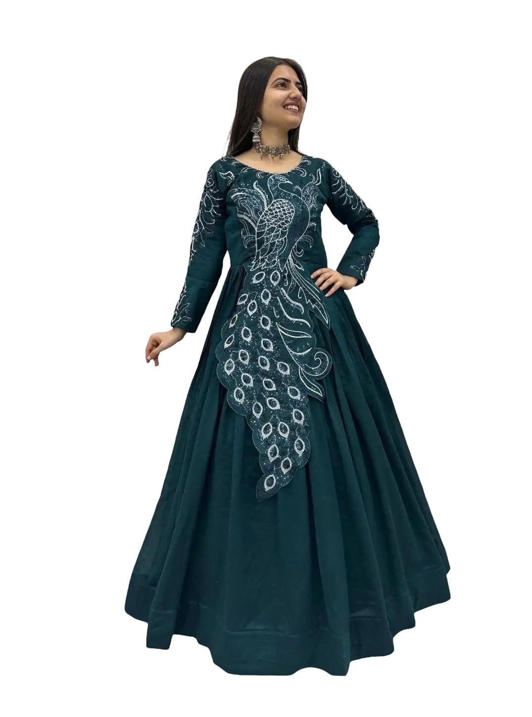 Women’s Embroidered Anarkali Gown (in, Alpha, M, Regular, Bottle Green)
