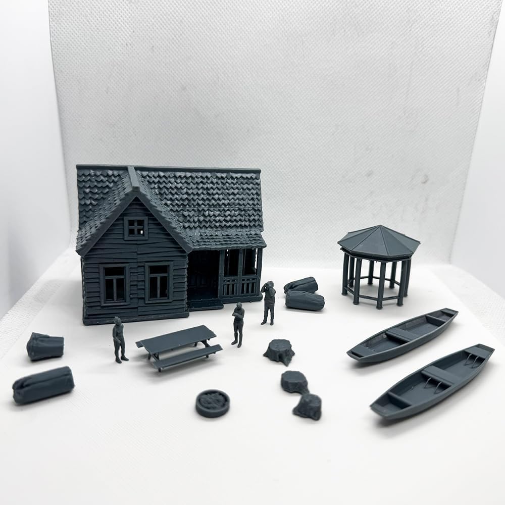 MRY-SFW XJTS87059 1/87 HO Scale 3D Model Railway Train Related Items Gazebo Log Cabin Campfire Table Figures and Small Boat