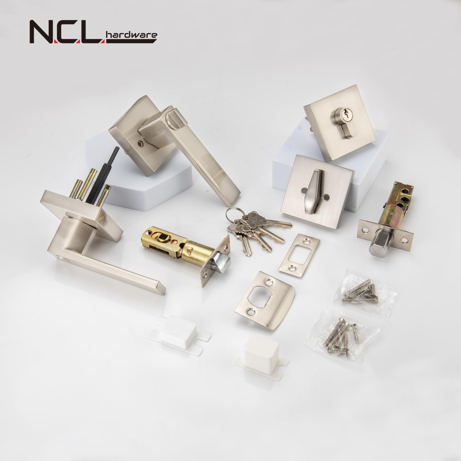 NCL Levier De Porte D'entrée à Clé Avec Pêne Dormant Monocylindre, Ensemble De Combinaison Robuste, Serrure De Porte Extérieure En Nickel Satiné Pour Porte D'entrée