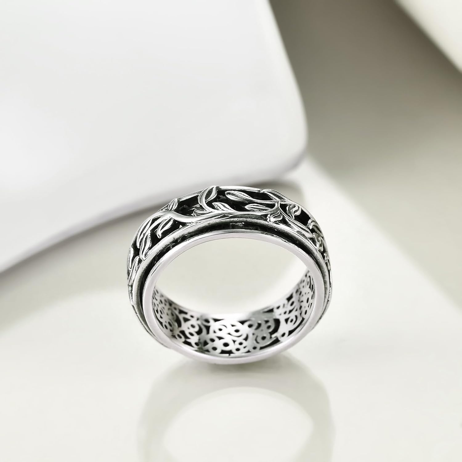 YAFEINI Fidget Ring Sterling Silver Anxiety Ring Filigree Leaves Spinner Rings Relieving Stress Band Ring Birthday Jewelry Gifts for Women (11) - Image 2
