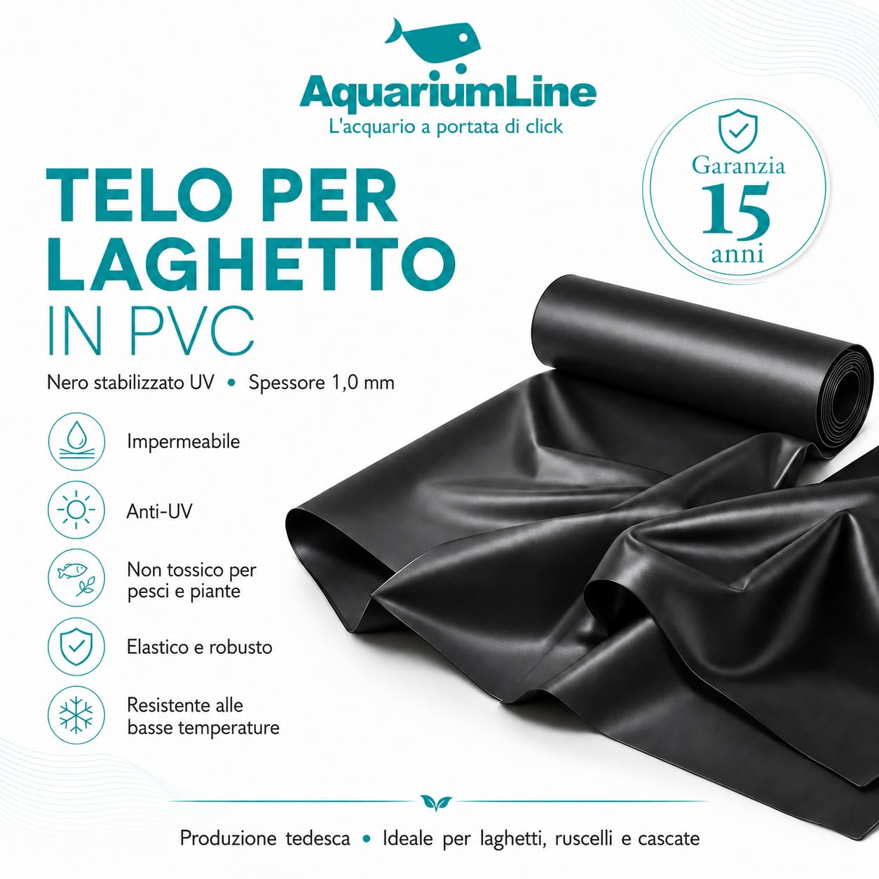 Whimar Telo per Laghetto o Stagno in PVC Nero Realizzato con Rinforzo Interno, Atossico, Flessibile, Resistente al Gelo e Stabilizzato UV Spessore 1mm - Made in Germany - Varie Misure (4x3 m - 1mm)