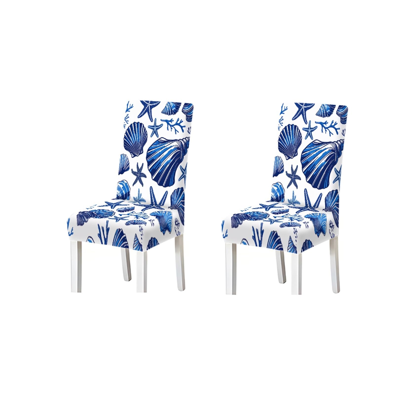 Kxuauv One Color Navy Blue Seashell Starfish Nautical Pattern Print Dining Chair Covers Set Of 2/4/6, Stretch Slipcovers For Kitchen Dining Room Seat Protectors For Restaurant Hotel Party(2Pcs Chair Cover)