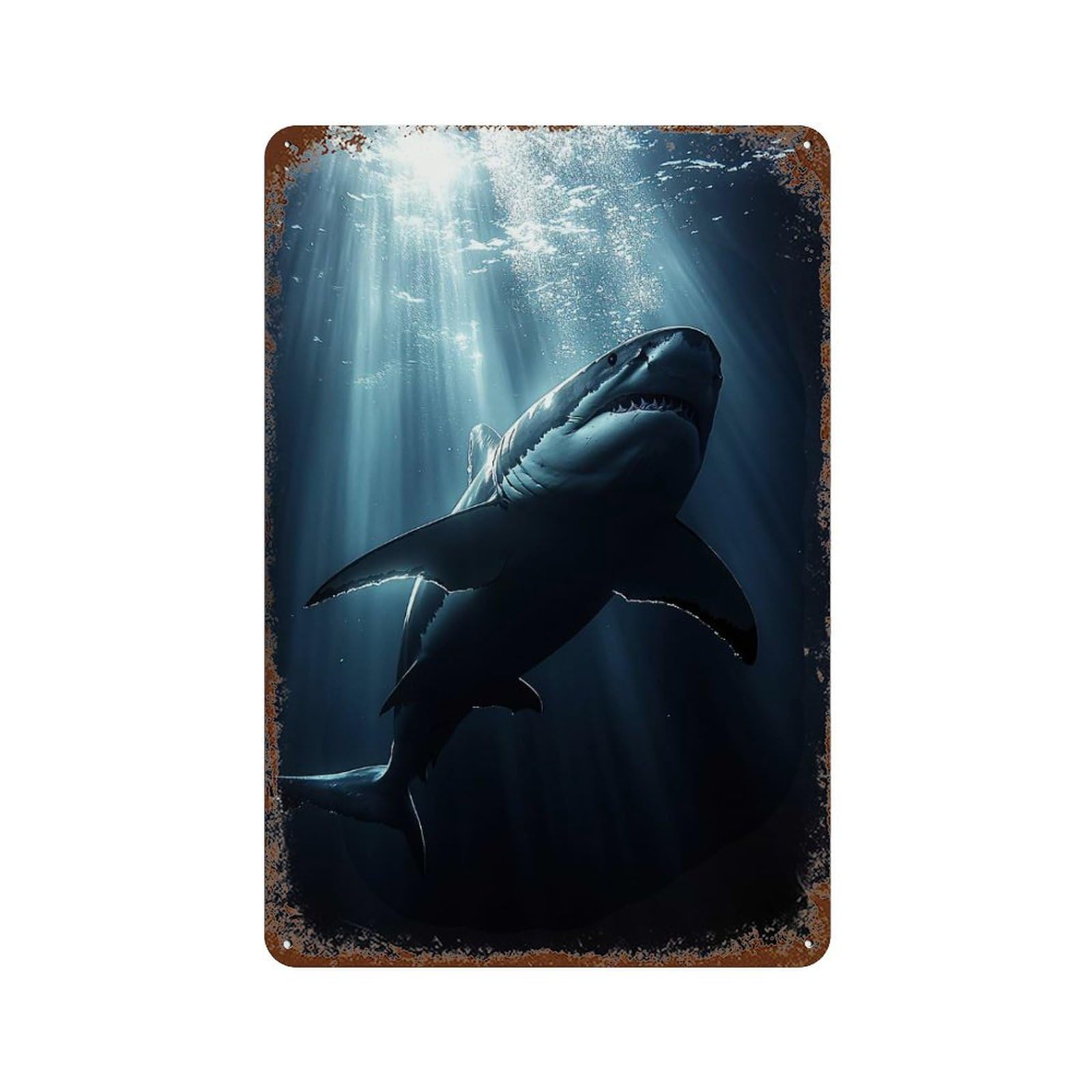 Garage Style Great White Shark Underwater Sunlight Rustic Tin Plaque 11.8"x7.9", Vintage Wall Decor for Bar And Workshop
