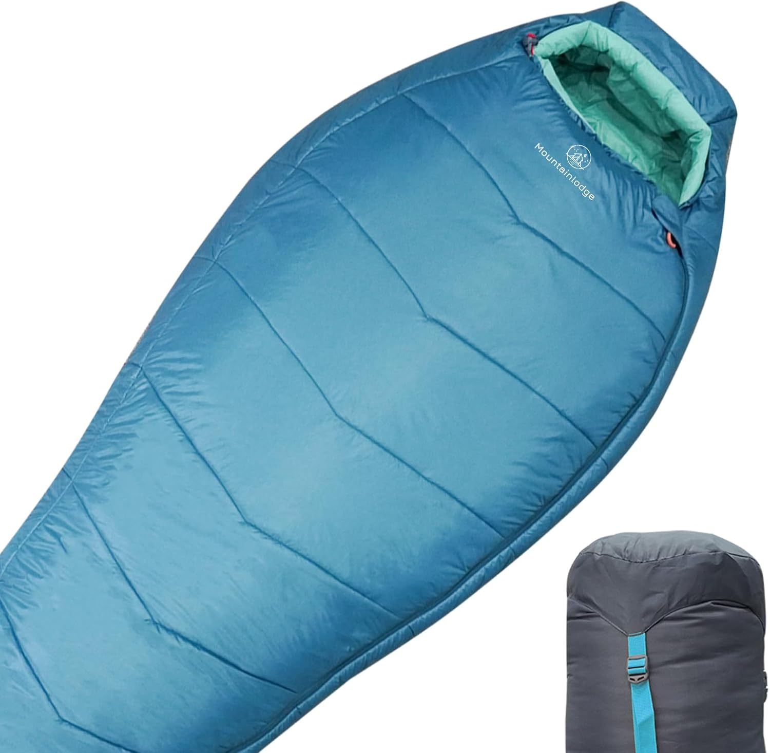 Mountainlodge 3-4 Seasons Cyan Two-Layer Shingle Sleeping Bag with Inner Pocket for Adult,Perfect for Backpacking,Traveling and Hiking,Including Free Compression Stuff Sack