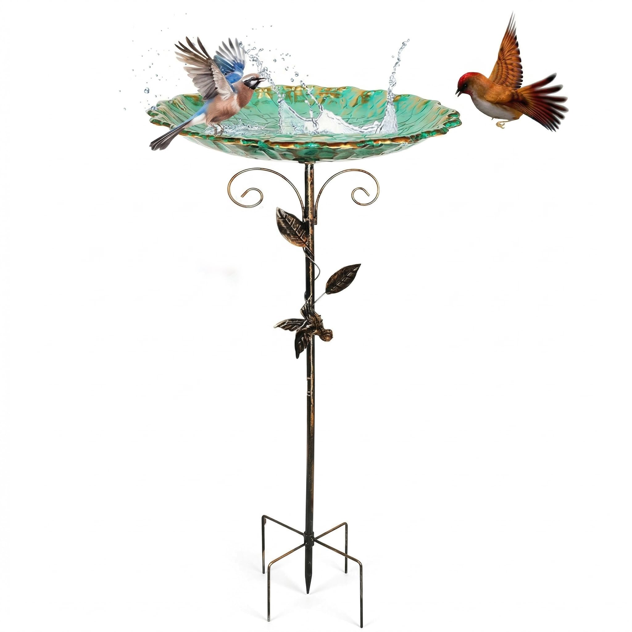 Vogeltränke Stehend Garten, 78cm Katzensicher Vogelbad Winterfest Frostsicher Rostfrei, Vintage Metall Vogelbecken mit 5-Zacken Erdspieß, 2 in 1 Wildvogeltränke & Futterstation