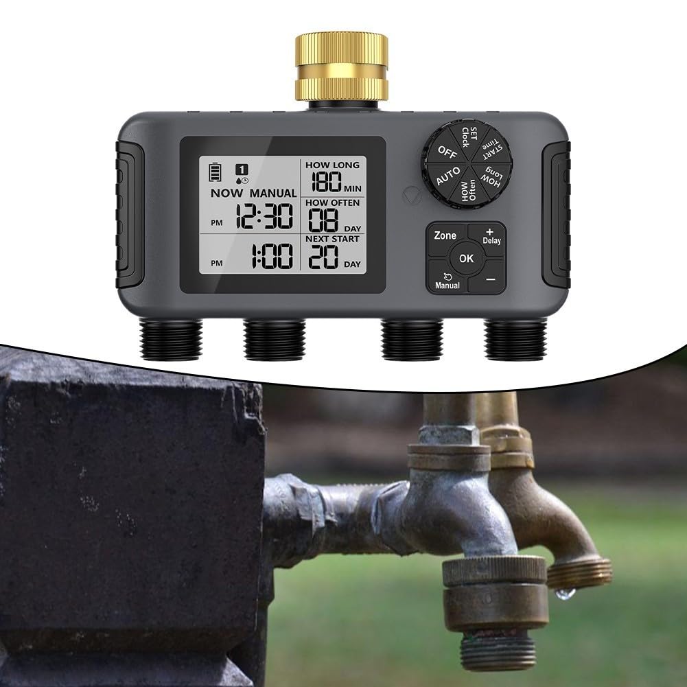 Timer automatico per irrigazione da giardino con 4 per il controllo dell'acqua della zona, sistema di irrigazione intelligente alimentato per tubo flessibile, funzione ritardo pioggia e impermeabile