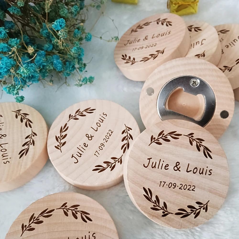 Abridor de botellas de cerveza redondo de madera grabado personalizado con imán, abridor de botellas magnético para cocina, reuniones y fiestas (50 unidades)