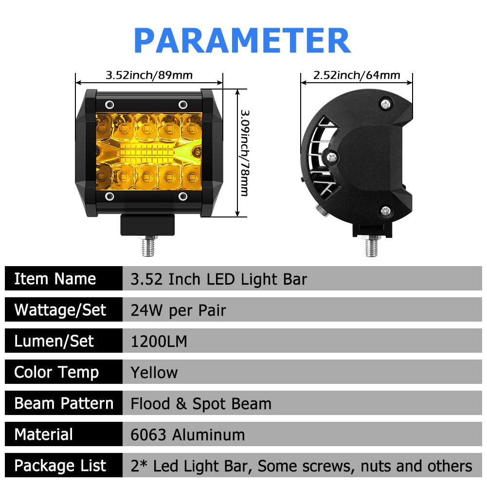WinPower Faro da Lavoro LED Barra 12W Faretti Fendinebbia Fuoristrada Faretti Profondità Luci Giallo Impermeabile LED per Trattore Auto Camion Barca Furgoneetc., 2 pezzi