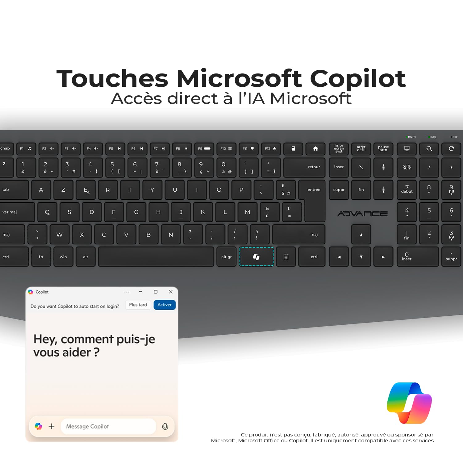 AD ADVANCE - X-Type, Ensemble Clavier Souris sans Fil Silencieux pour PC, Souris 1600 DPI, Clavier AZERTY, 112 Touches X Ciseaux, 12 Raccourcis Multimédias, Bouton Copilot AI, Hauteur Réglable, Noir