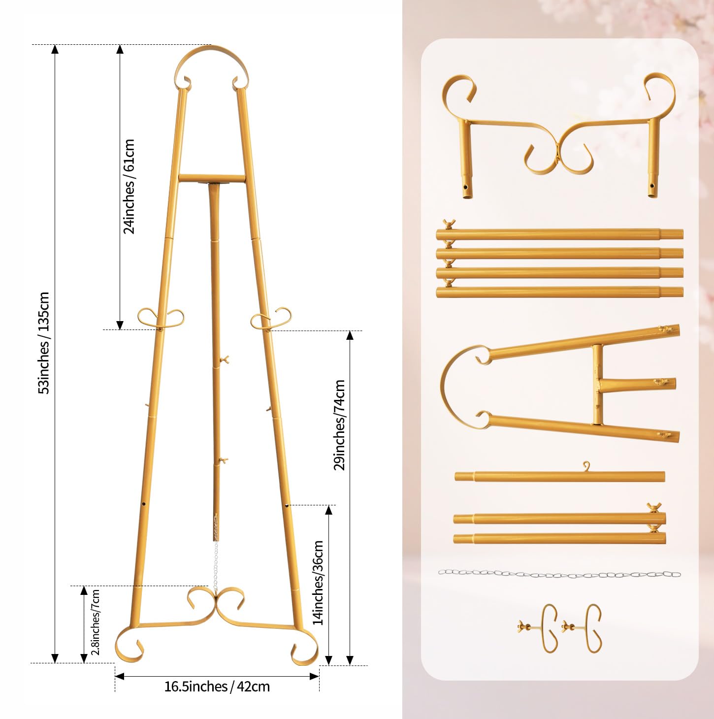 Chevalet d'artiste - 135 cm - Réglable - Trépied de table - Écran de peinture sur toile - Facile à plier - Pour studio de mariage - Pour poster intérieur et extérieur - Doré