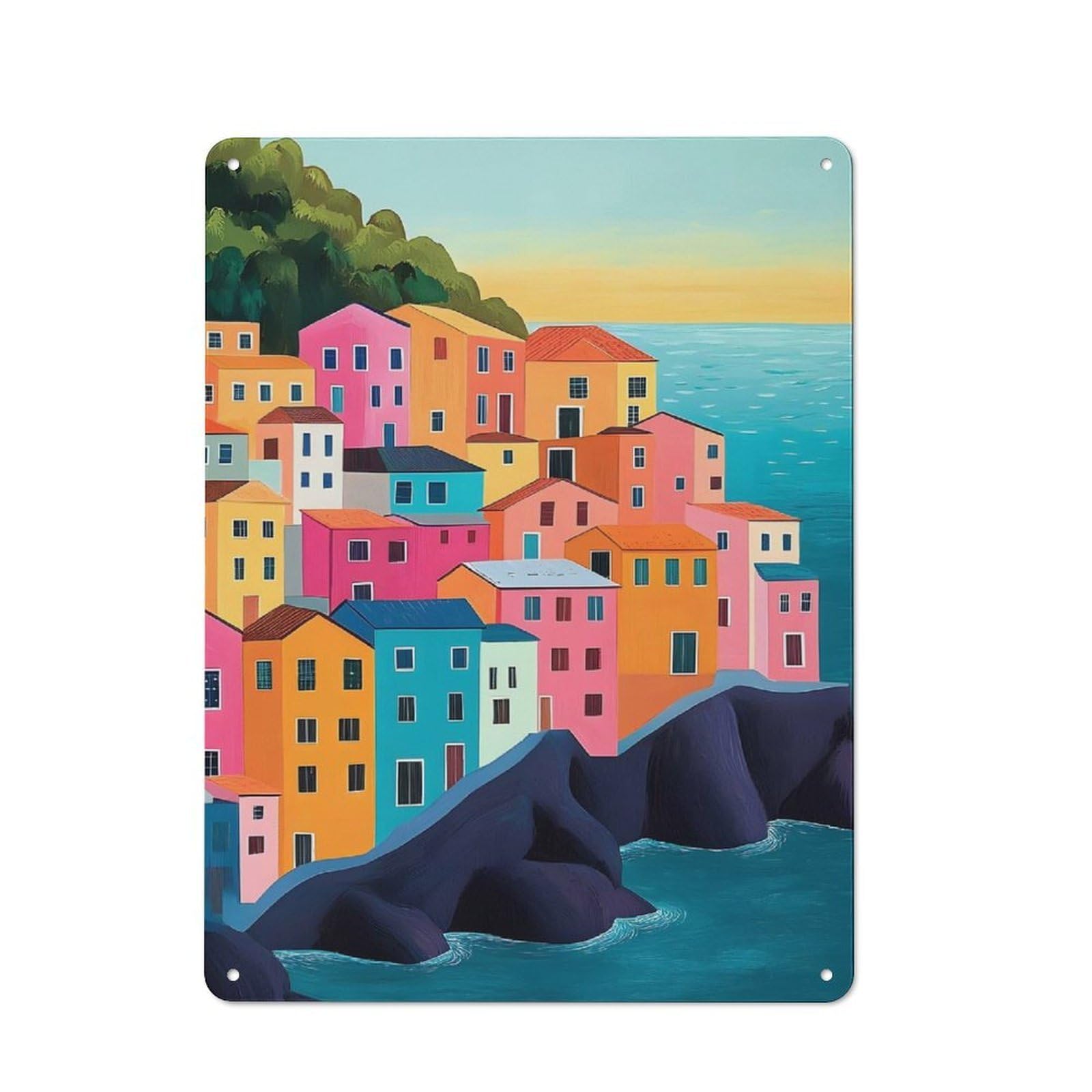 Junmoney Colorful Coastal Italy Village Painting Cafe Style Metal Wall Decor 40X30cm, Vintage Metal Sign For Takeaway, Bar, Kitchen Or Counter Area