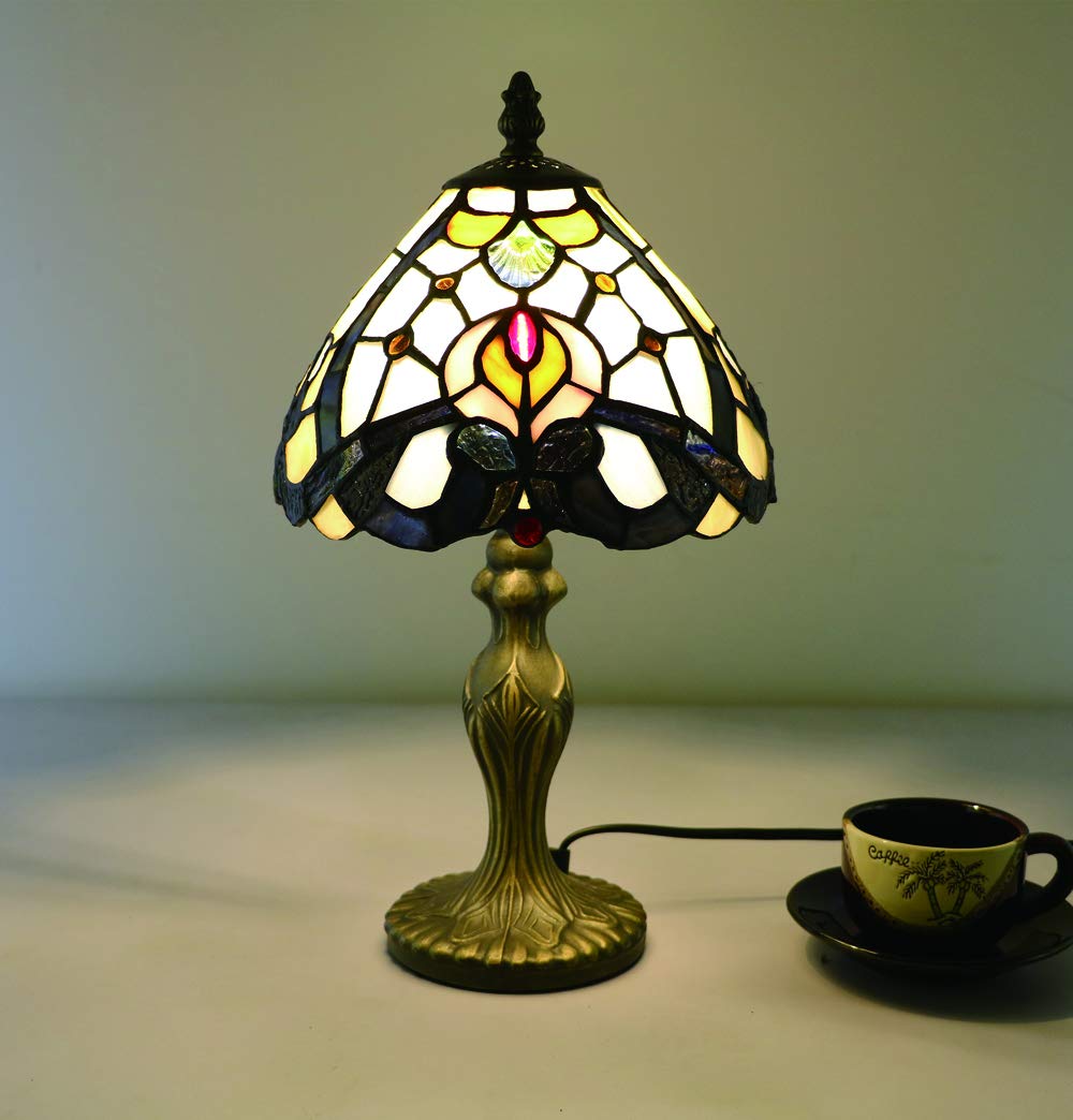 Lámparas de Mesa Tiffany Vintage 8 Pulgadas, Patrones de Lámparas de Vidrio Manchado Hecho a Mano Dormitorio Blanco Lámparas de Noche Estilo Simple Para Sala [Sin bombillas]
