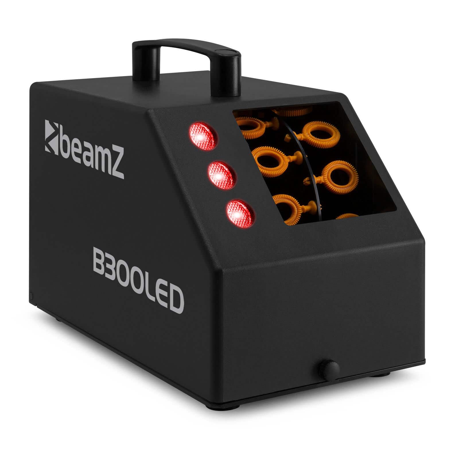 BeamZ B300LED - Máquina de Burbujas LED RGB con 5L líquido incluida, Ligera, portátil, depósito 700ml, Mando a Distancia, Potente Ventilador, para Fiestas temáticas y Eventos al Aire Libre