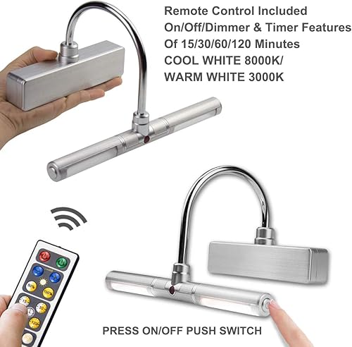 Miniatura 3 de BIGLIGHT - Luz LED inalámbrica a pilas para cuadros, con temporizador y regulador de intensidad, cabezales de luz giratorios con 3 modos de