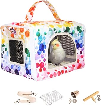 Bird Travel Carrier with Perch Parakeet Carriers with Net, Pad Mat, Feeder Portable Pet Carrier Bag for Bird Transparent Travel Carrier Cage for Budgie Conure Cockatiel Colorful