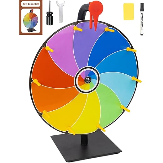JstFrU 12 Inch Heavy Duty Spinning Prize Wheel - 10 Slots Color Tabletop Roulette Spinner of Fortune, with Dry Erase Marker and Eraser for Trade Show, Carnival, Win Fortune Spin Games
