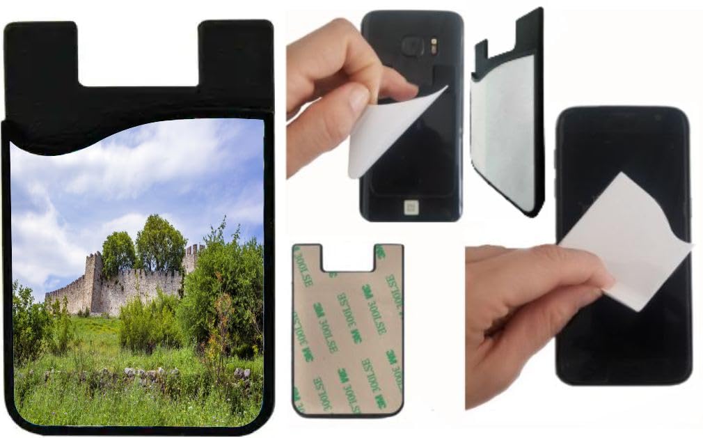 Island Gifting Neoprene Stick-on ID Card Holder for iPhone/Galaxy/Google Android Cases Featuring Image of Castle of Platamonas in Macedonia