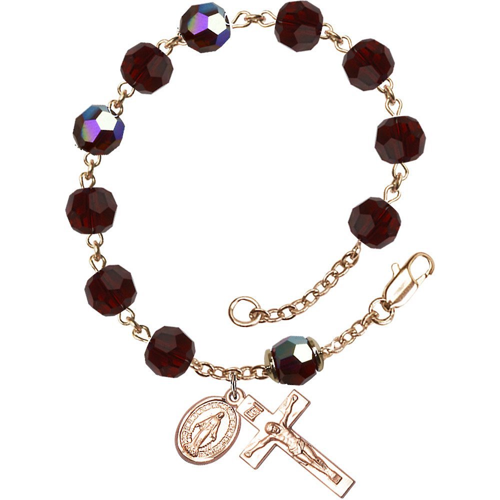 14 Karat Yellow Gold Rosary Bracelet 8mm January Red Swarovski Capped Our Father Aurora Borealis bea