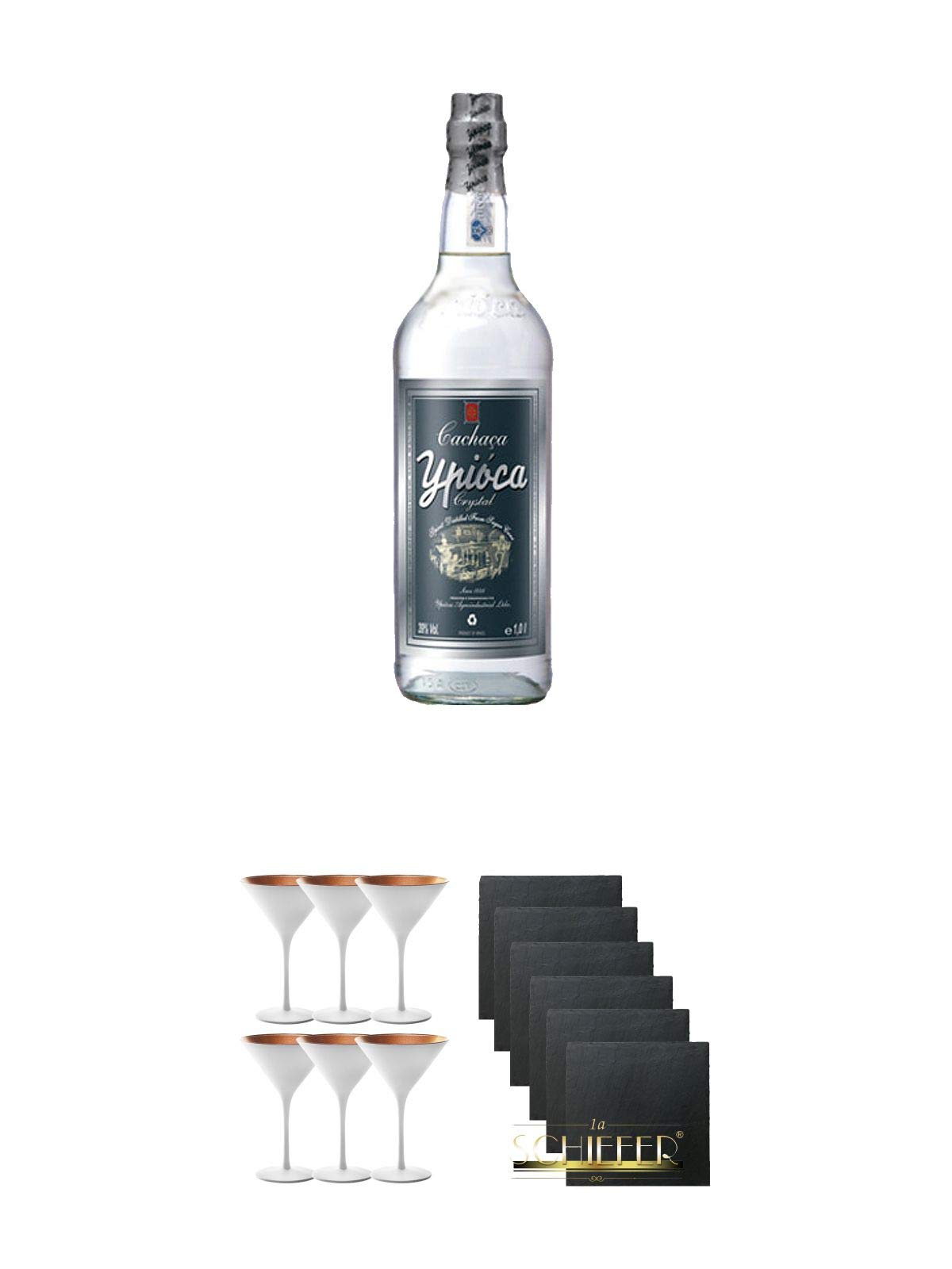 Ypioca Crystal Cachaca 0,7 Liter + Stölzle Cocktail-und Martiniglas Olympic Serie 6 Gläser - 1408825 + Schiefer Glasuntersetzer eckig 6 x ca. 9,5 cm Durchmesser