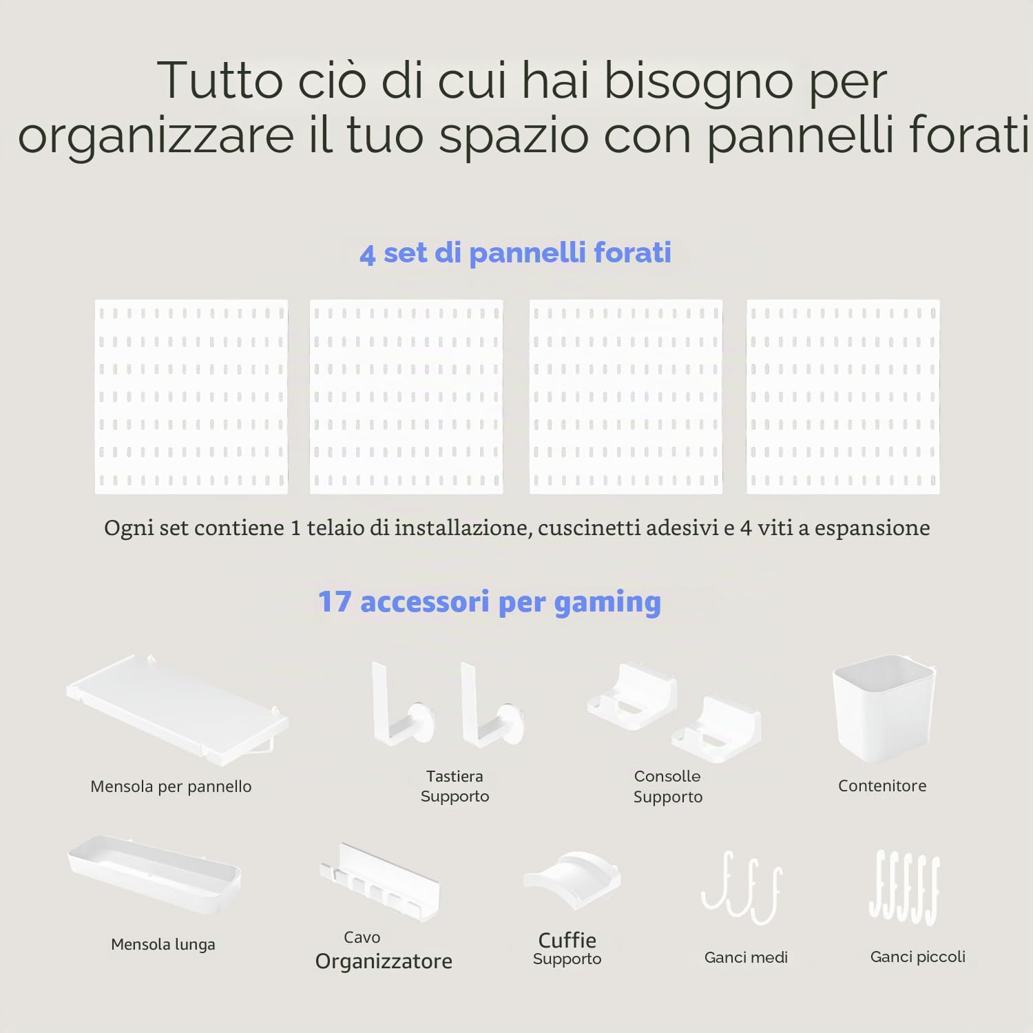 Keepo Kit combinato per pannello forato, organizer modulare da appendere, accessori per configurazione di gioco, supporto per controller e cuffie (bianco)