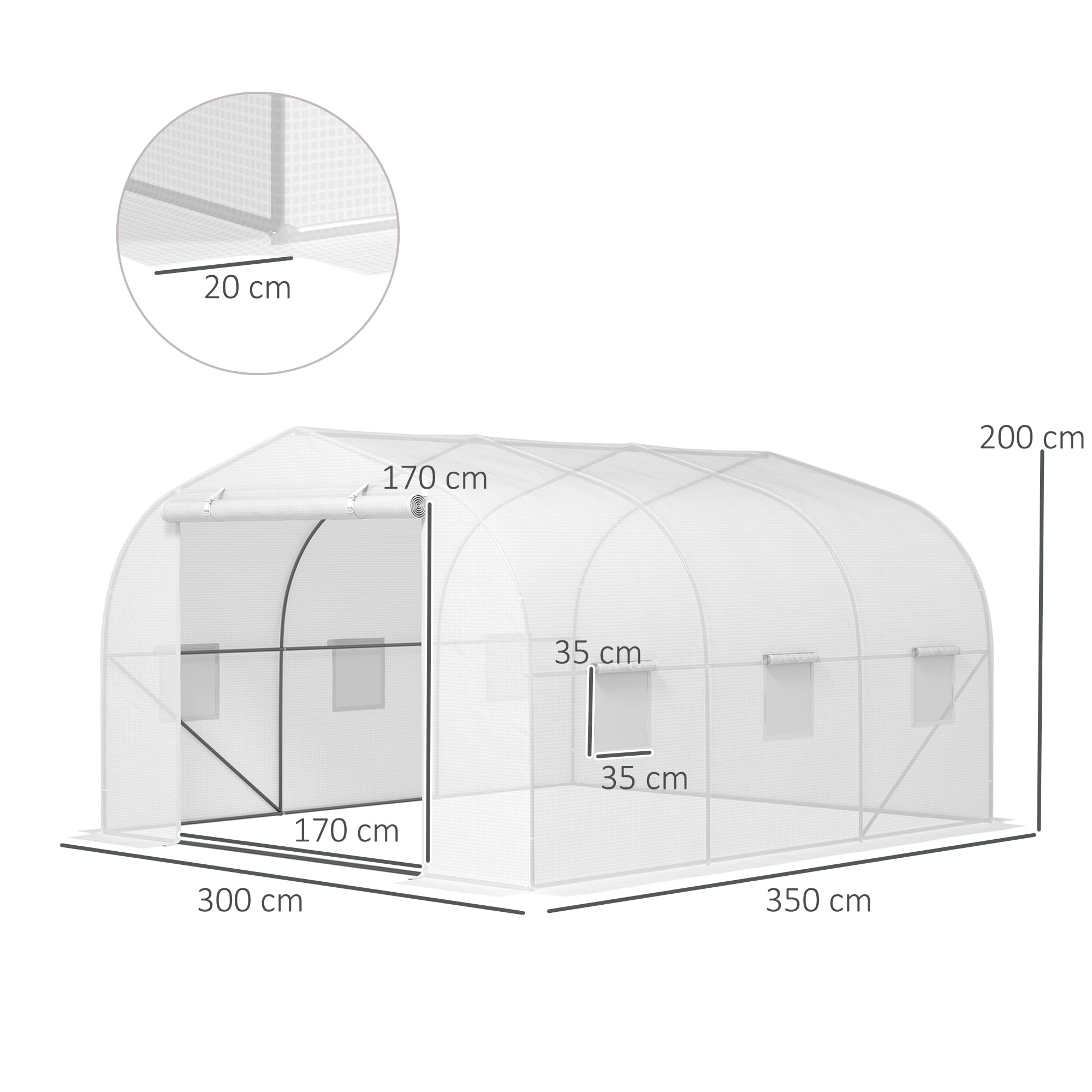 Outsunny Serra da Giardino, Serra a Tunnel per Giardino con Porta a Rullo e 6 Finestre, per Orto in Polietilene e Acciaio, 3.5x3x2 m, Bianco