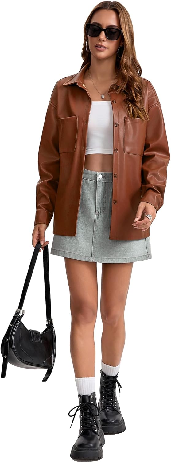 Women's Faux Leather Button-Down Shirt Jacket Lightweight Long Sleeve PU Blouse Shacket Tops - Image 6