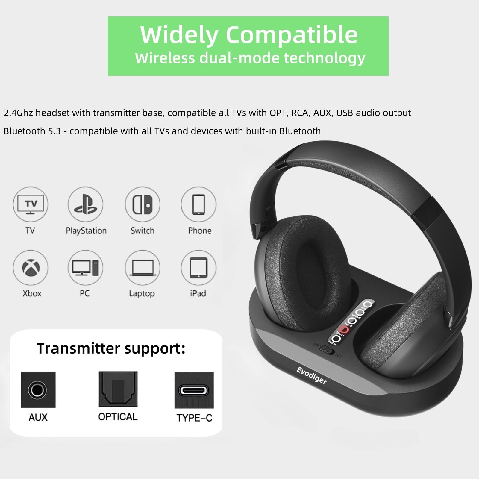 Casque TV sans Fil pour Seniors, avec Station de Charge Et éMetteur, Confortable, Longue DuréE de Vie de la Batterie, RéGlage Facile Du Volume, IdéAl pour Les Personnes âGéEs Qui Regardent la TV