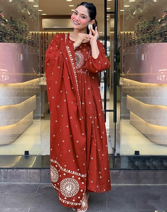 Image of KLOSIA Women Rayon Printed Anarkali Kurta Set with Dupatta