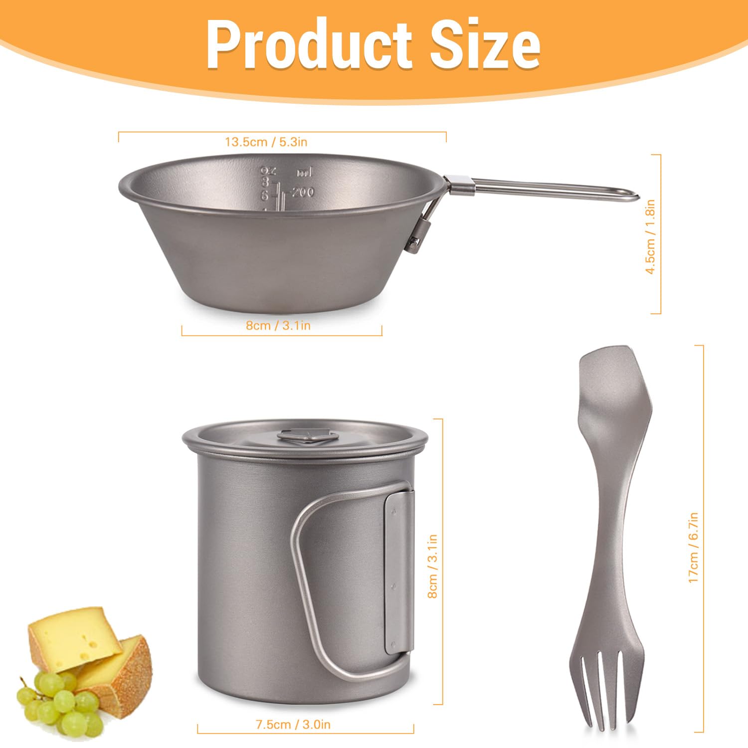 Camping Kochgeschirr, Tragbar Camping Besteck Titan Tasse Schüssel Spork, 3 Stück Set Geschirr Outdoor Kaffeetasse Becher Picknick Set Faltbar für Camping im Freien, Wandern