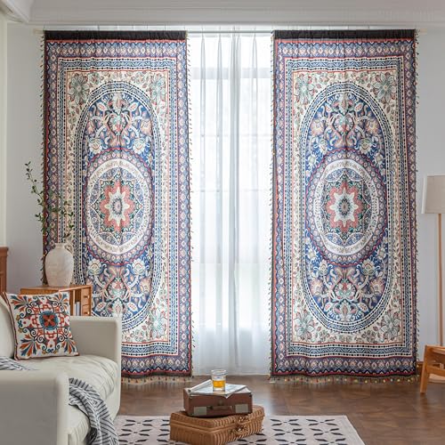 Image of Multicolor Medallion Curtains 96 Inches Long, Boho Farmhouse Light Filtering Rod Pocket Drapes with Tassel Trim for Bedroom Living Room, 2 Panels