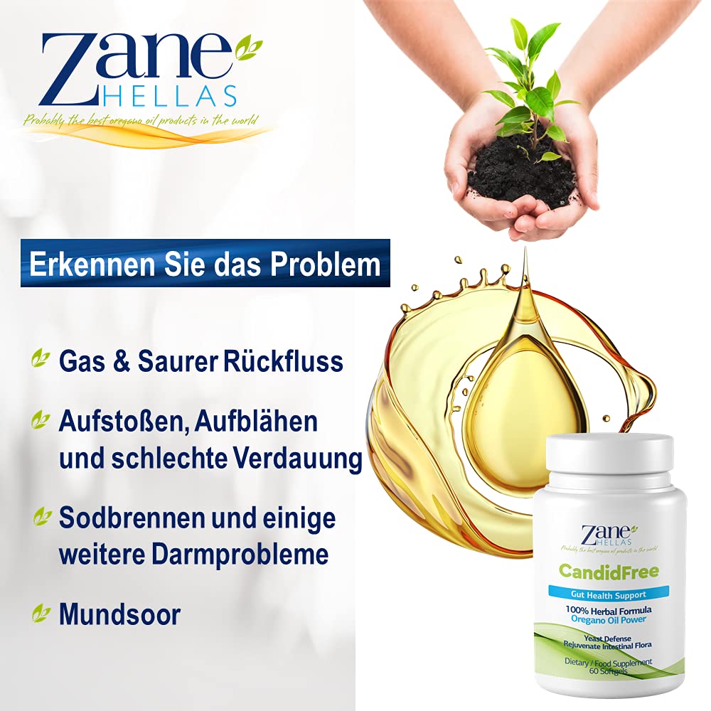Zane Hellas Candidfree Softgels. Oregano-Öl-Power. Candida-Unterstützung. Unterstützung der Darmgesundheit. Unterstützung der Darmflora. 100% pflanzliche Lösung. 60 Kapseln.