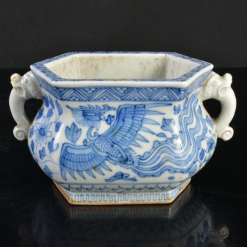 瀬戸焼　古瀬戸　染付　鳳凰花文　双耳六角香炉　M　R7342 瀬戸焼 古瀬戸 染付 鳳凰花文 双耳六角香炉 M R7342 瀬戸