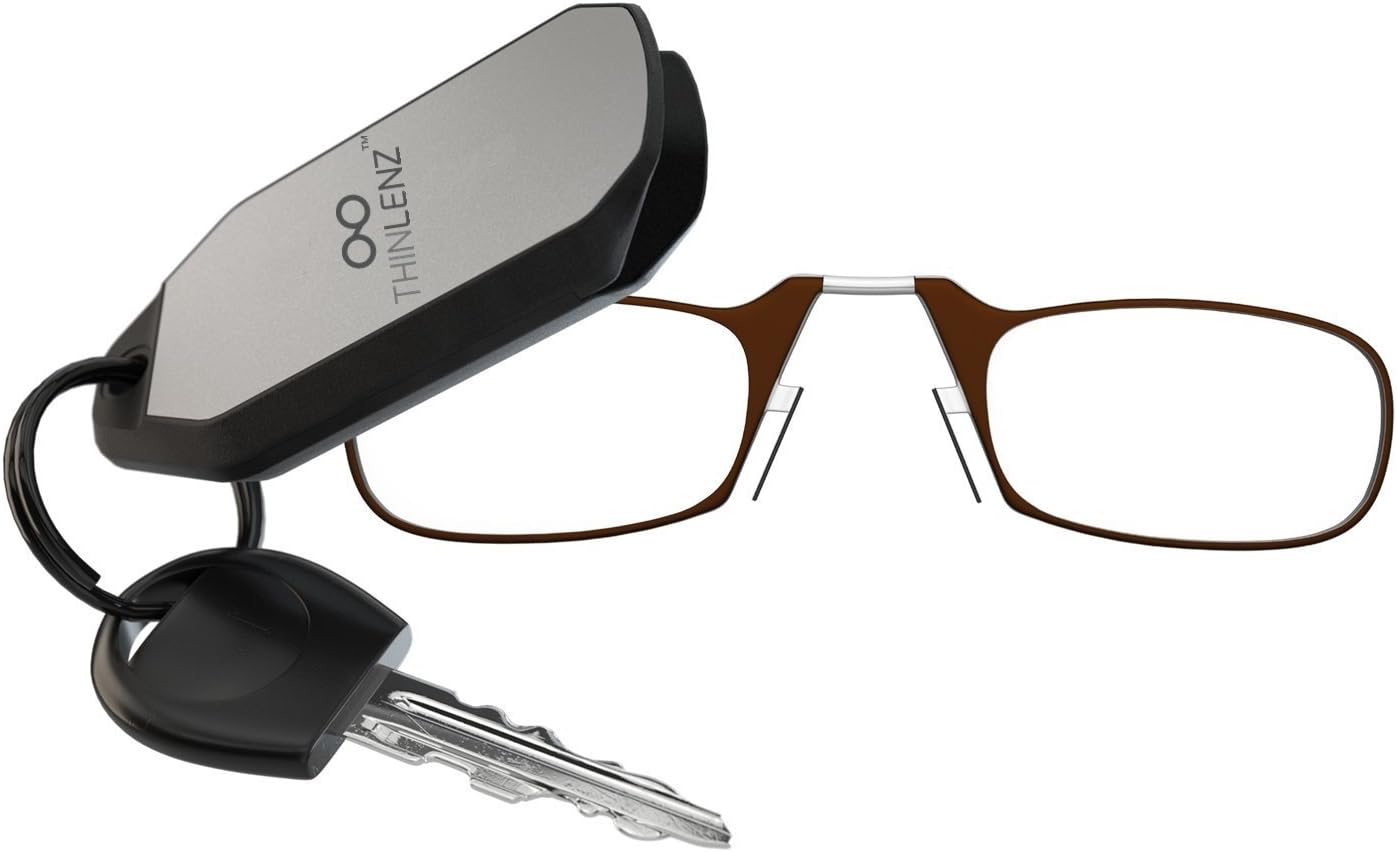 ThinLENZ Go Everywhere Nez Style Nose Resting Pinching Portable Reading Glasses with Keychain, No Temple Arms Readers for Men and Women (1.50 Strength, Brown)
