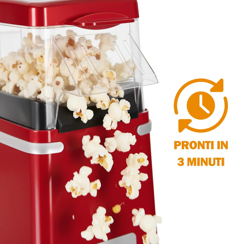BAKAJI Macchina per Popcorn ad Aria Calda 1200W Potenza con Dosatore Cucchiaino Incluso, Popcorn Machine Design Retrò Facile da Usare One Touch Pronti in 3 Minuti, Perfetta per Feste e Serate Cinema