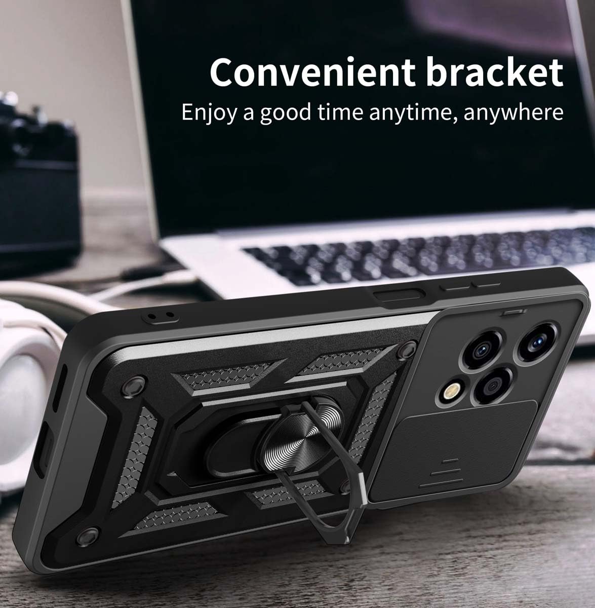 TUUTPU Cover per Honor 200, Custodia Scorrevole Protezione Fotocamera Militare Antiurto Case con 360° Magnetica Anello Rotante Supporto e TPU Silicone + PC Bumper All'aperto, Nero