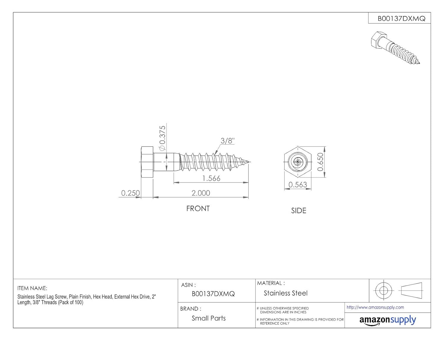 Bеѕt Quаlіtу 🔥 Stainless Steel Lag Screw, Plain Finish, Hex Head, External Hex Drive, 2 Length, 3/8 Threads (Pack of 100) Suреr Sаlе 🛒 Stainless Steel Lag Screw, Plain Finish, Hex Head, External Hex Drive, 2 Length, 3/8 Threads (Pack of 100)