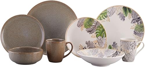 Corona Vajilla Nature - Paquete de 32 piezas juego natural viento esmalte reactivo diseño de hojas juego de vajillas 32 piezas