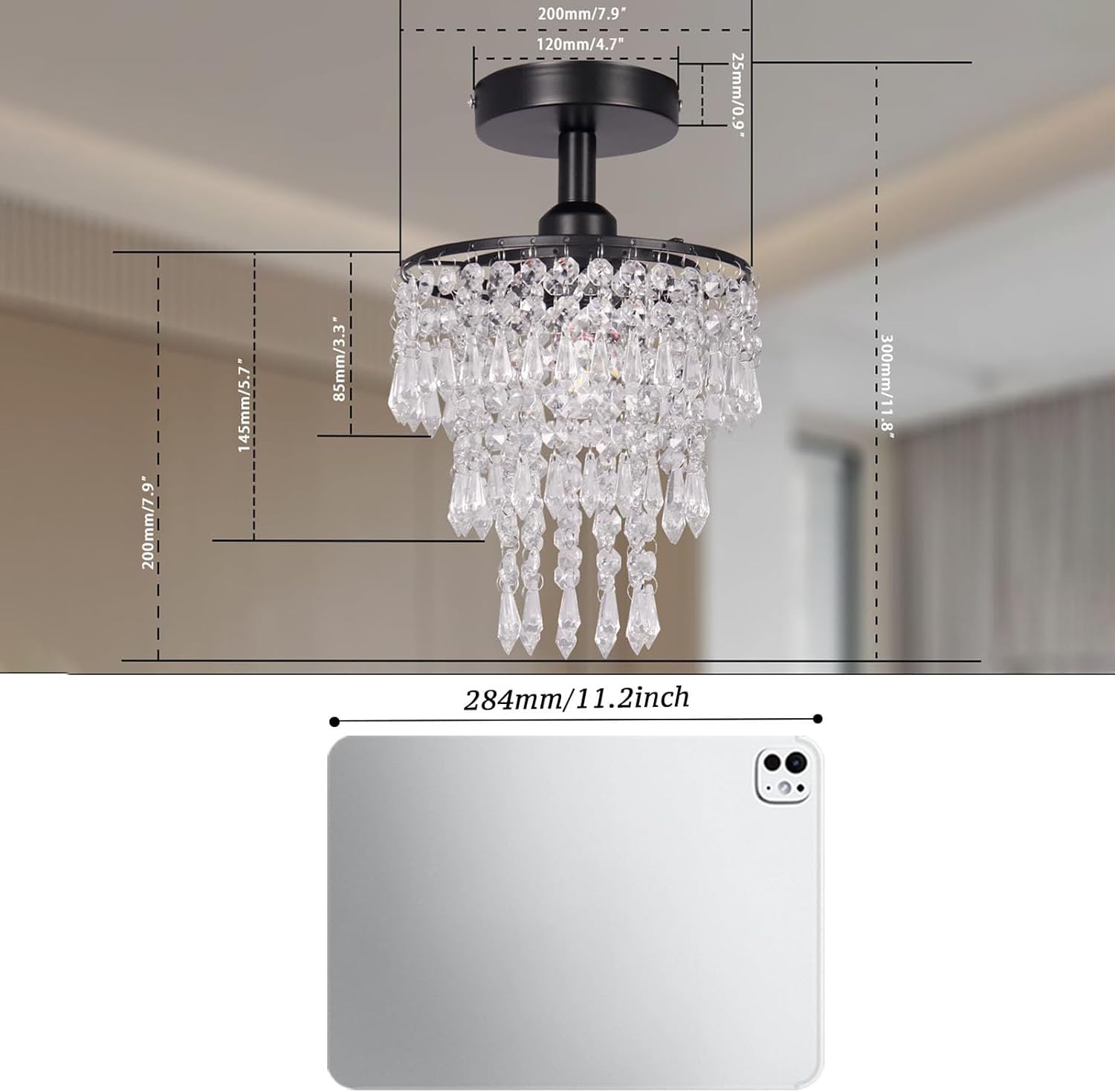 FRIXCHUR Small Crystal Chandelier Flush Mount Ceiling Light 3 Tiers Raindrops Crystal Chandeliers for Bedroom Hallway Foyer Living Room Entryway Closet,Black
