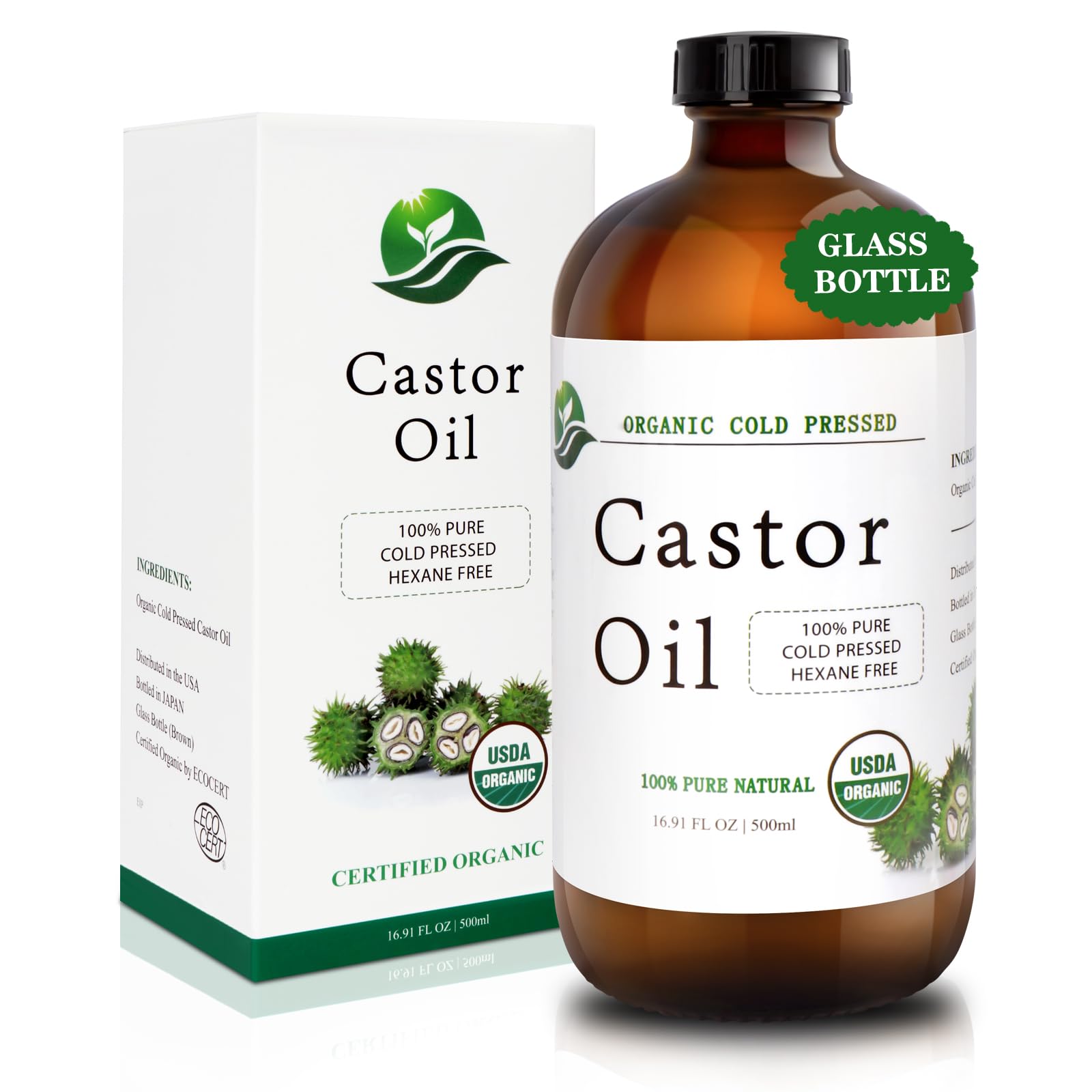 MAYLINK Castor Oil-Castor Oil Organic Cold Pressed Unrefined Glass Bottle-Organic Certified 100% Pure Castor Oil,Hexane Free,Organic Castor Oil for